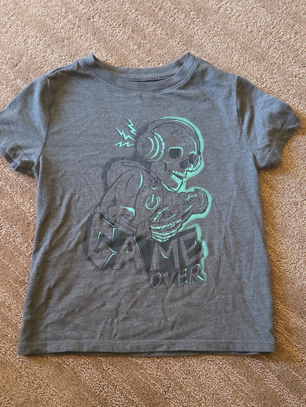 Cat & Jack Gray Tee with Neon Green Gamer Skull Graphic